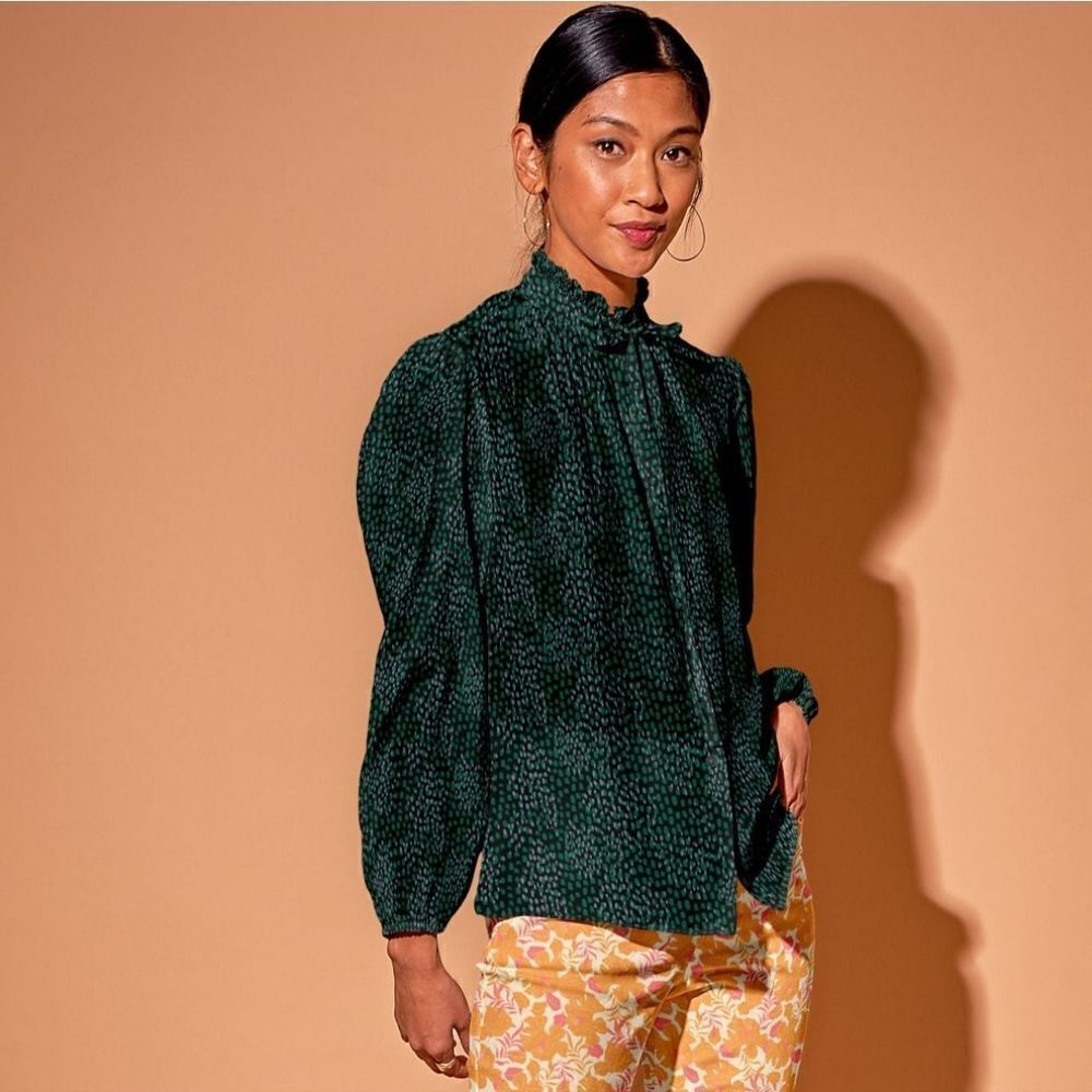 Tucker Willow Blouse Emerald Spots in Silk Crepe de Chine